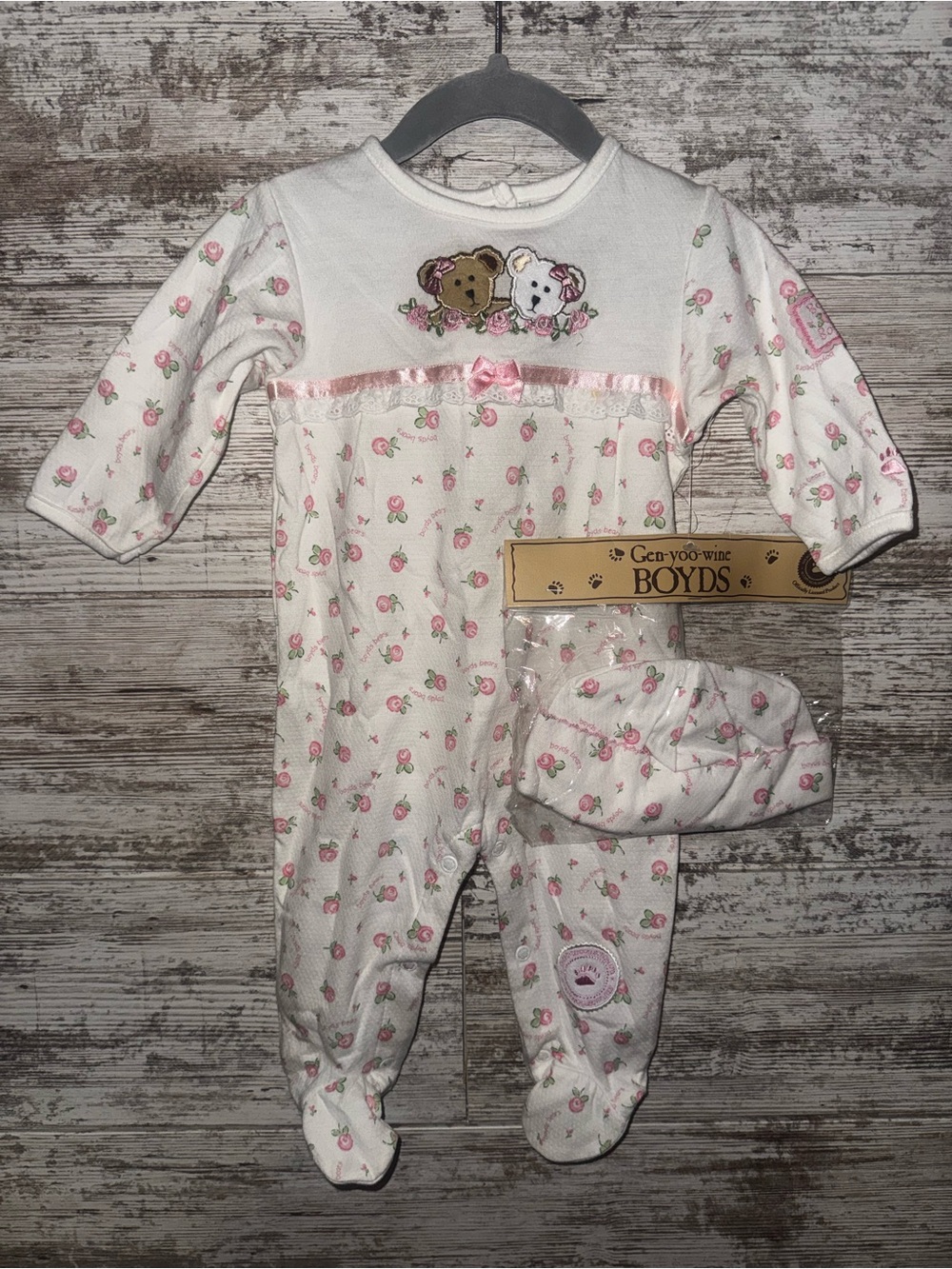 Vintage Pink Floral Baby One-Piece with Bear Applique